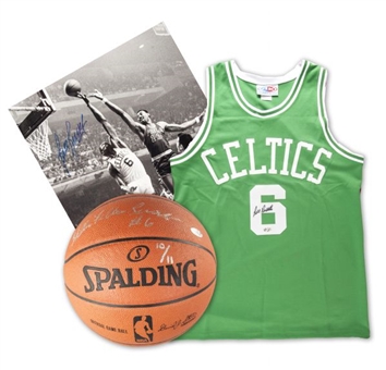 Bill Russell Autographed Lot of (3): Signed Celtics Jersey, Basketball & 16x20 Photo